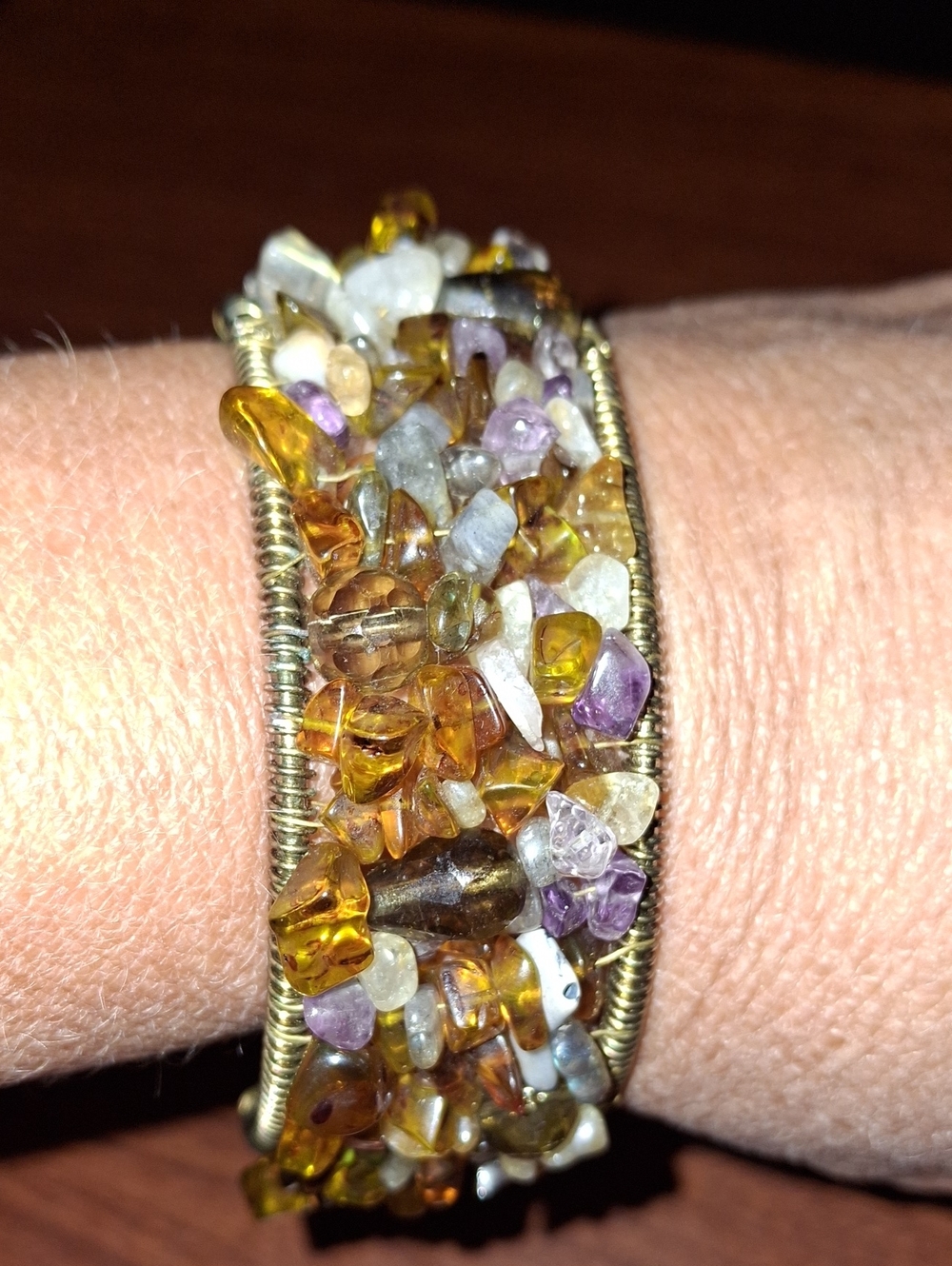 Handcrafted Multi-Stone Beaded Cuff Bracelet - Gold Tone